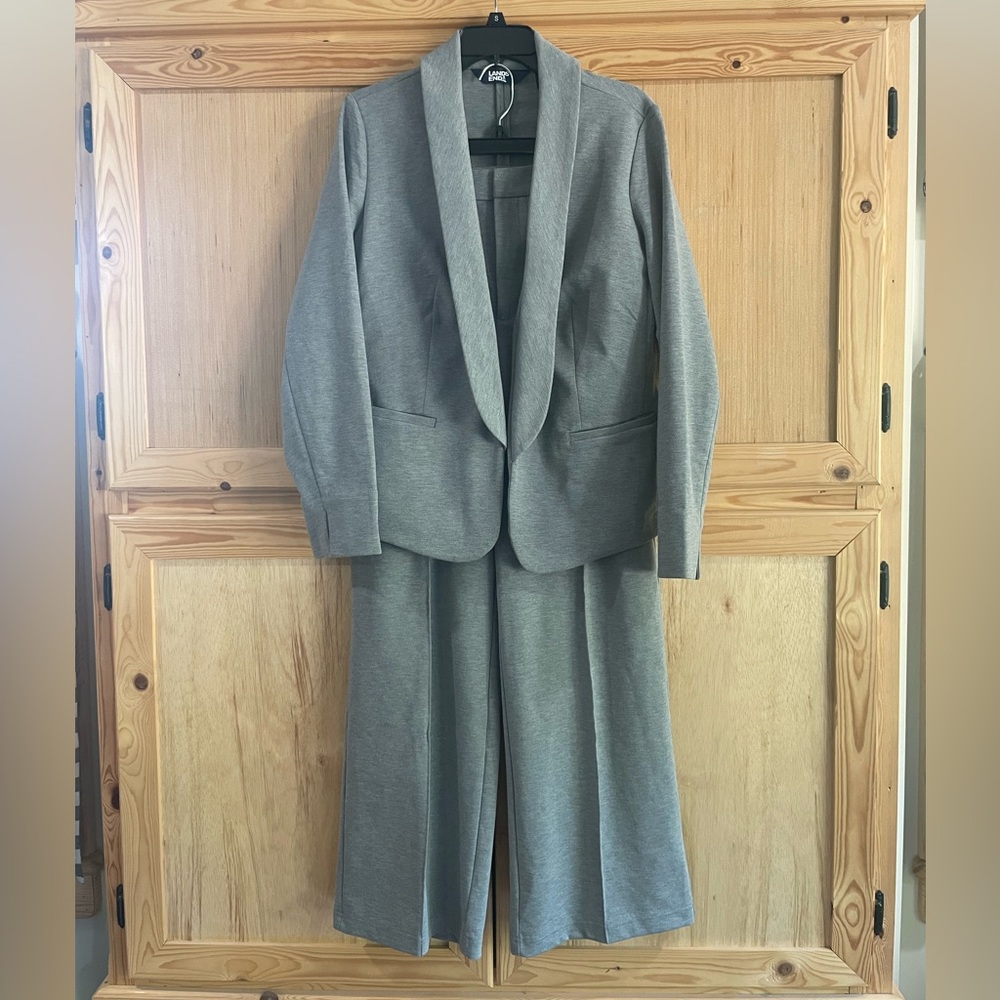 Land’s End gray pant suit set closet staple office career workwear comfy